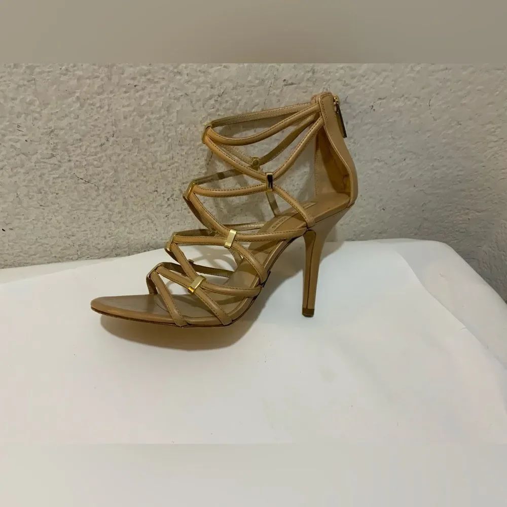 MICHAEL KORS Tan Leather Strappy Zip Heels Sandals Size 38.5